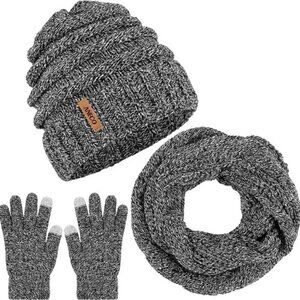 NWT Gray Knit Hat Loop Scarf and Touchscreen Gloves ANECO